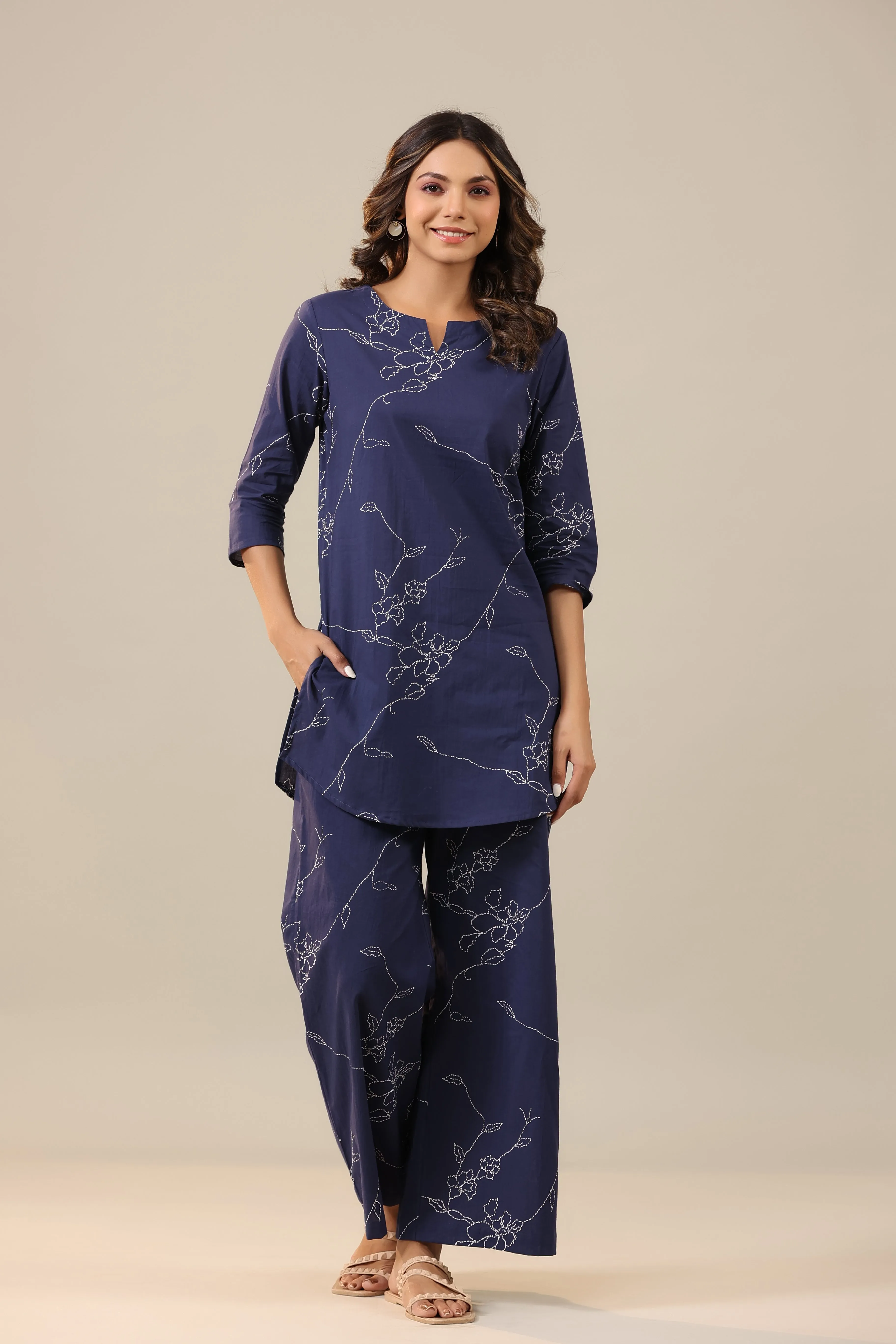 Patterned Dots on Dark Blue Cotton Palazzo Loungewear Set