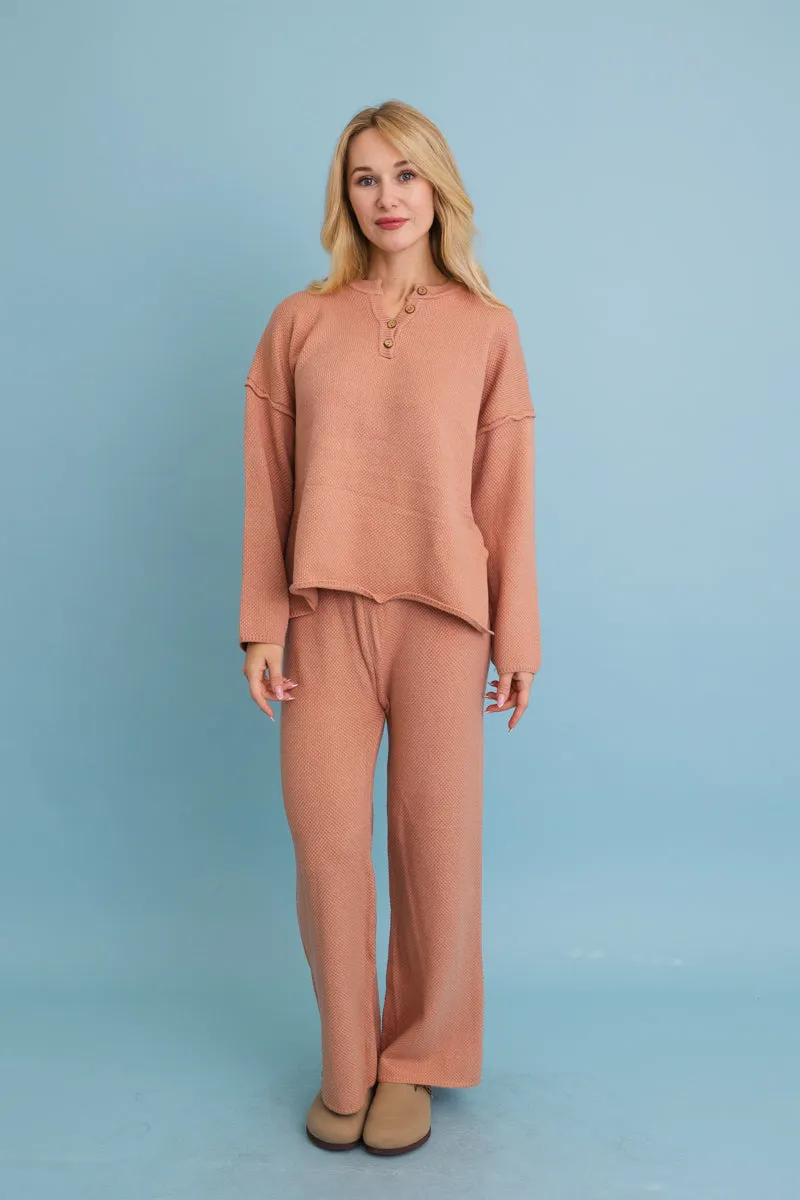 Relaxed Henley Waffle Knit Lounge Set