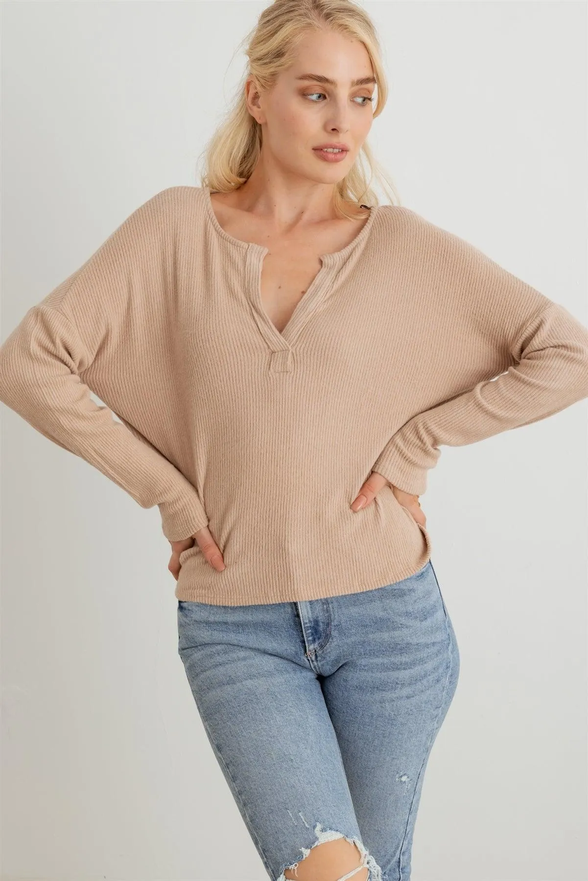 Ribbed Collar Neck Long Sleeve Top