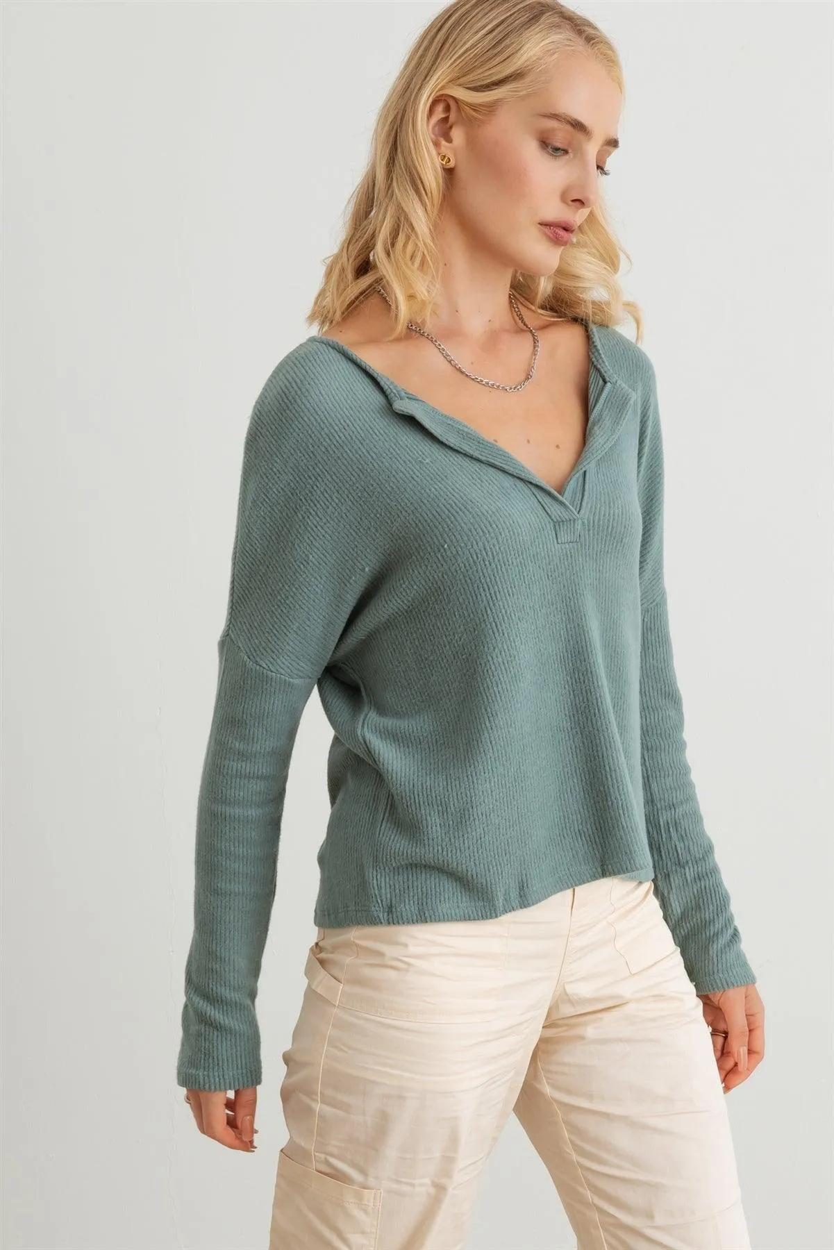 Ribbed Collar Neck Long Sleeve Top