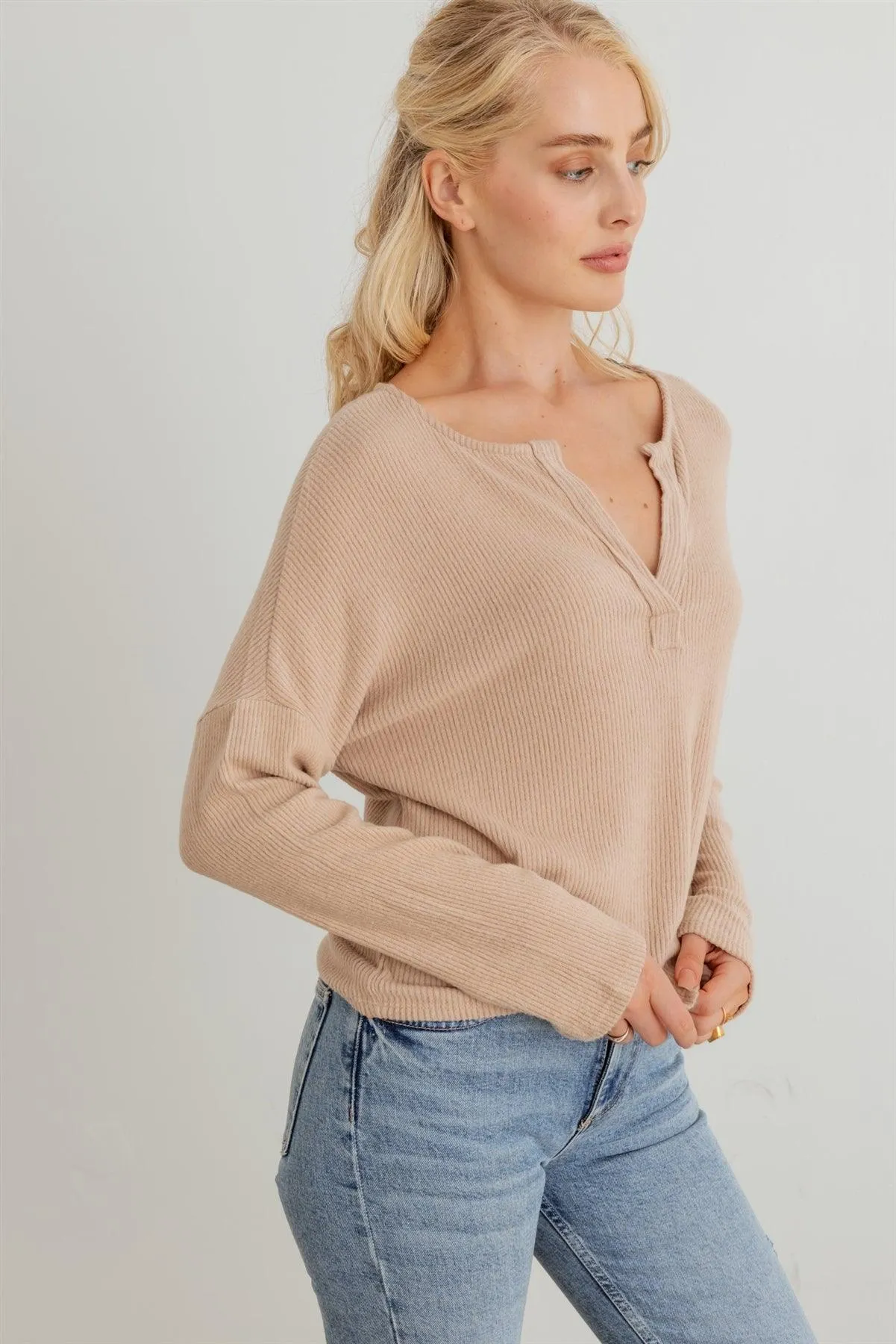 Ribbed Collar Neck Long Sleeve Top