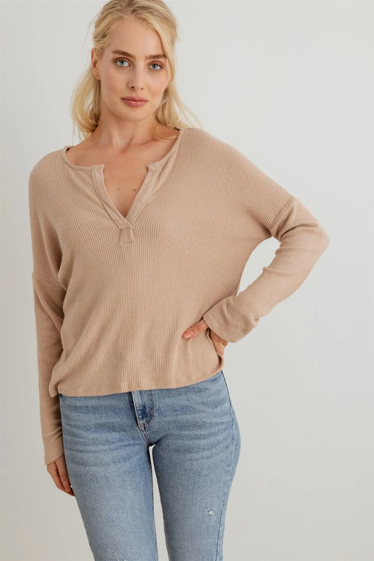 Ribbed Collar Neck Long Sleeve Top