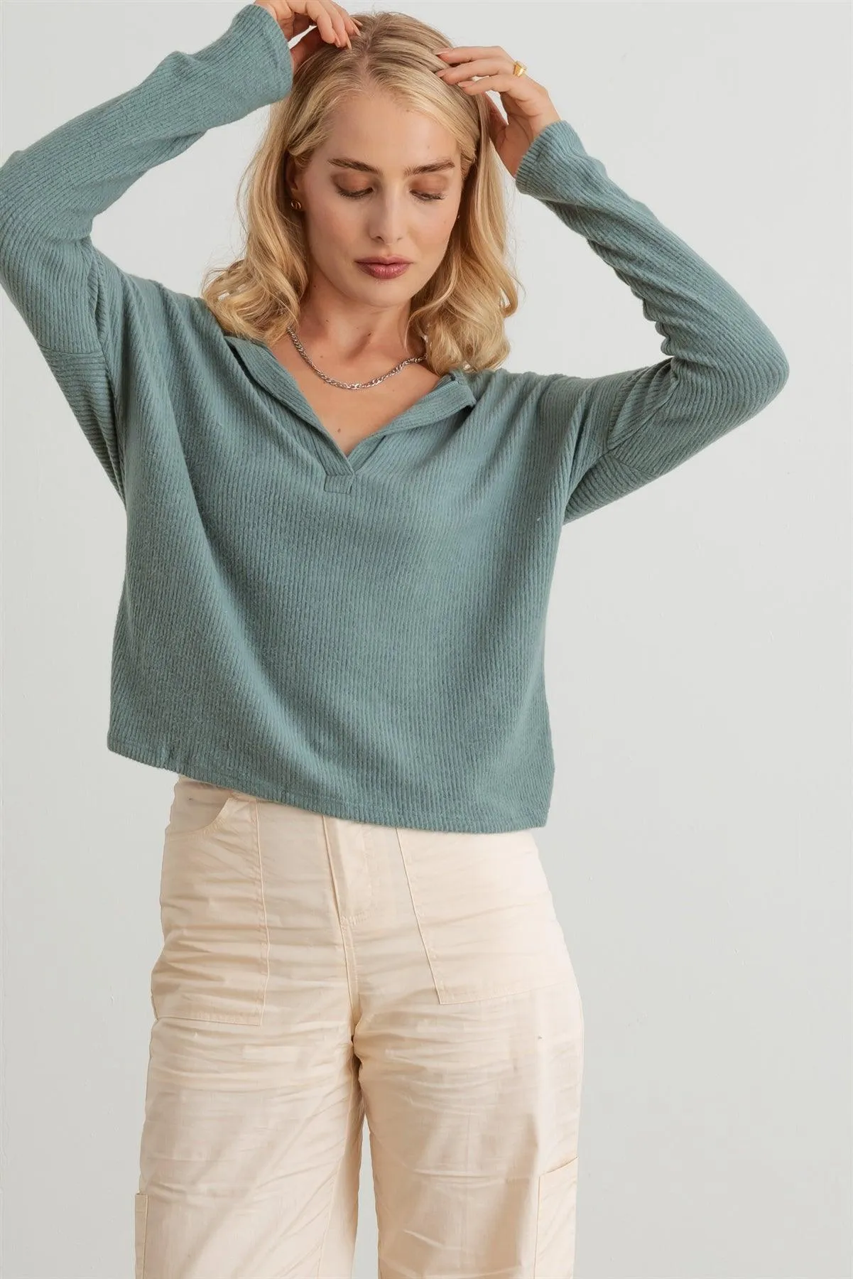 Ribbed Collar Neck Long Sleeve Top