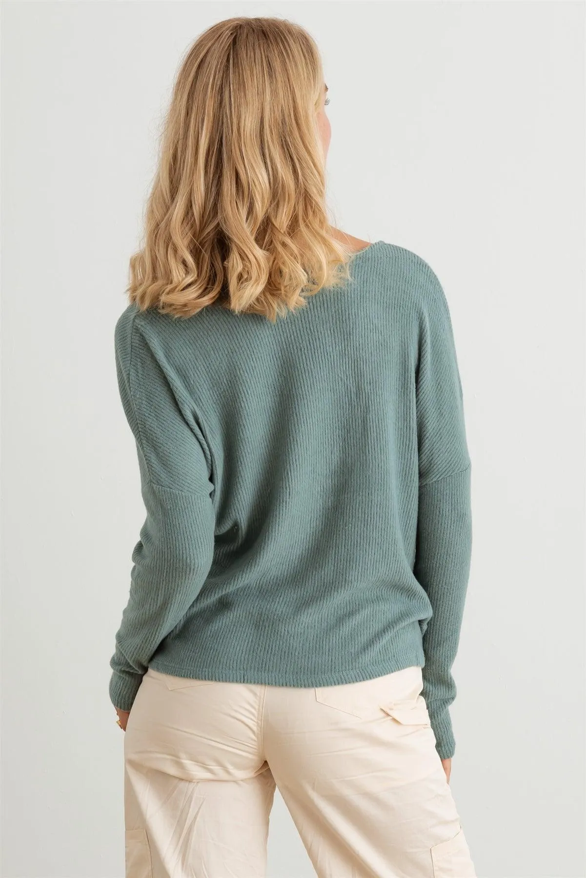 Ribbed Collar Neck Long Sleeve Top