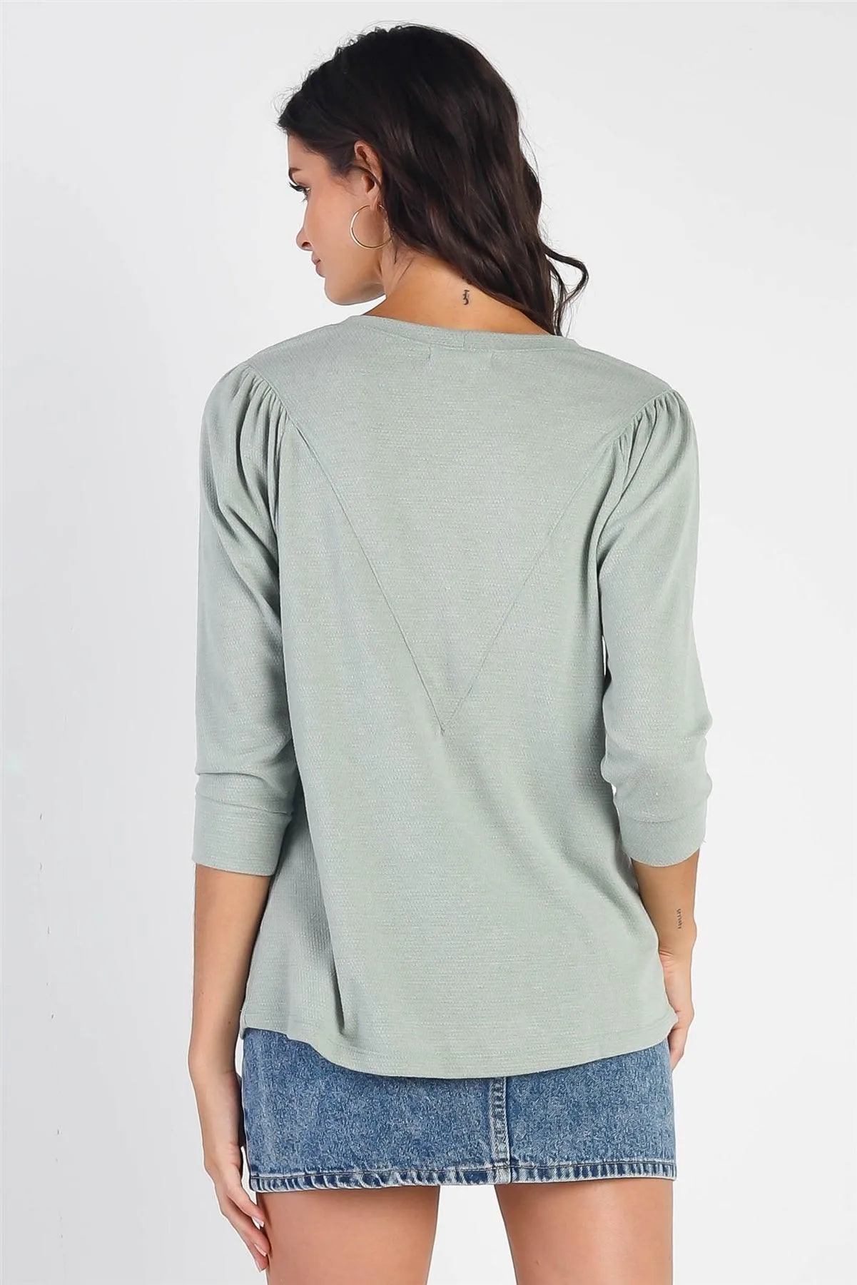 Sage Textured Crew Neck Midi Sleeve Knit Top