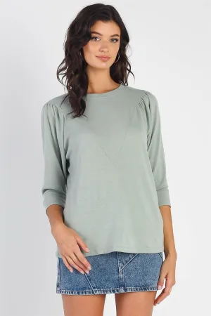 Sage Textured Crew Neck Midi Sleeve Knit Top