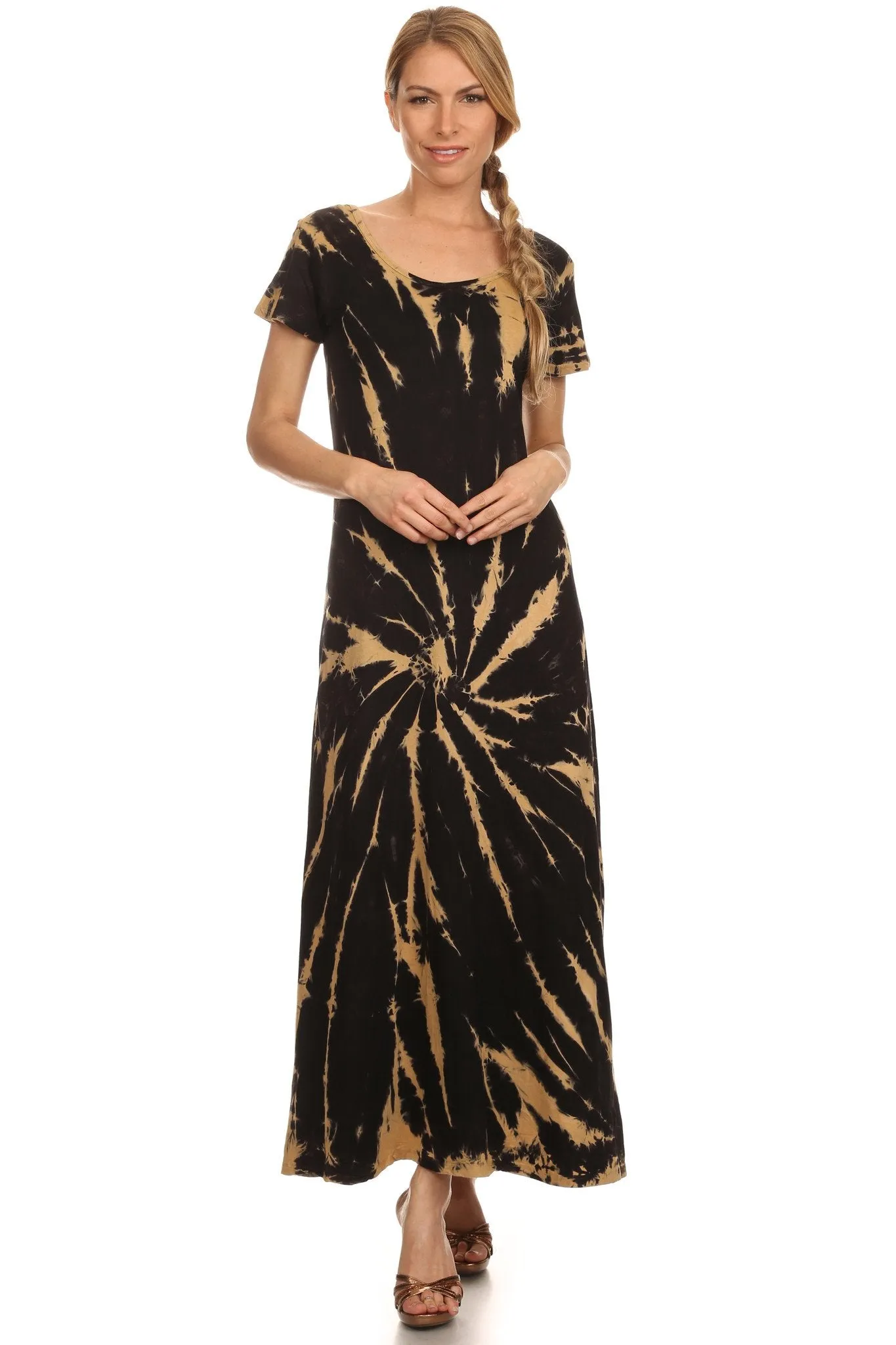 Sakkas Diana Long Tie Dye Scoop Neck Cap Sleeves Dress