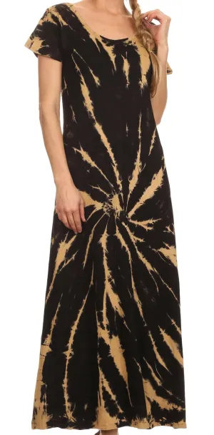 Sakkas Diana Long Tie Dye Scoop Neck Cap Sleeves Dress