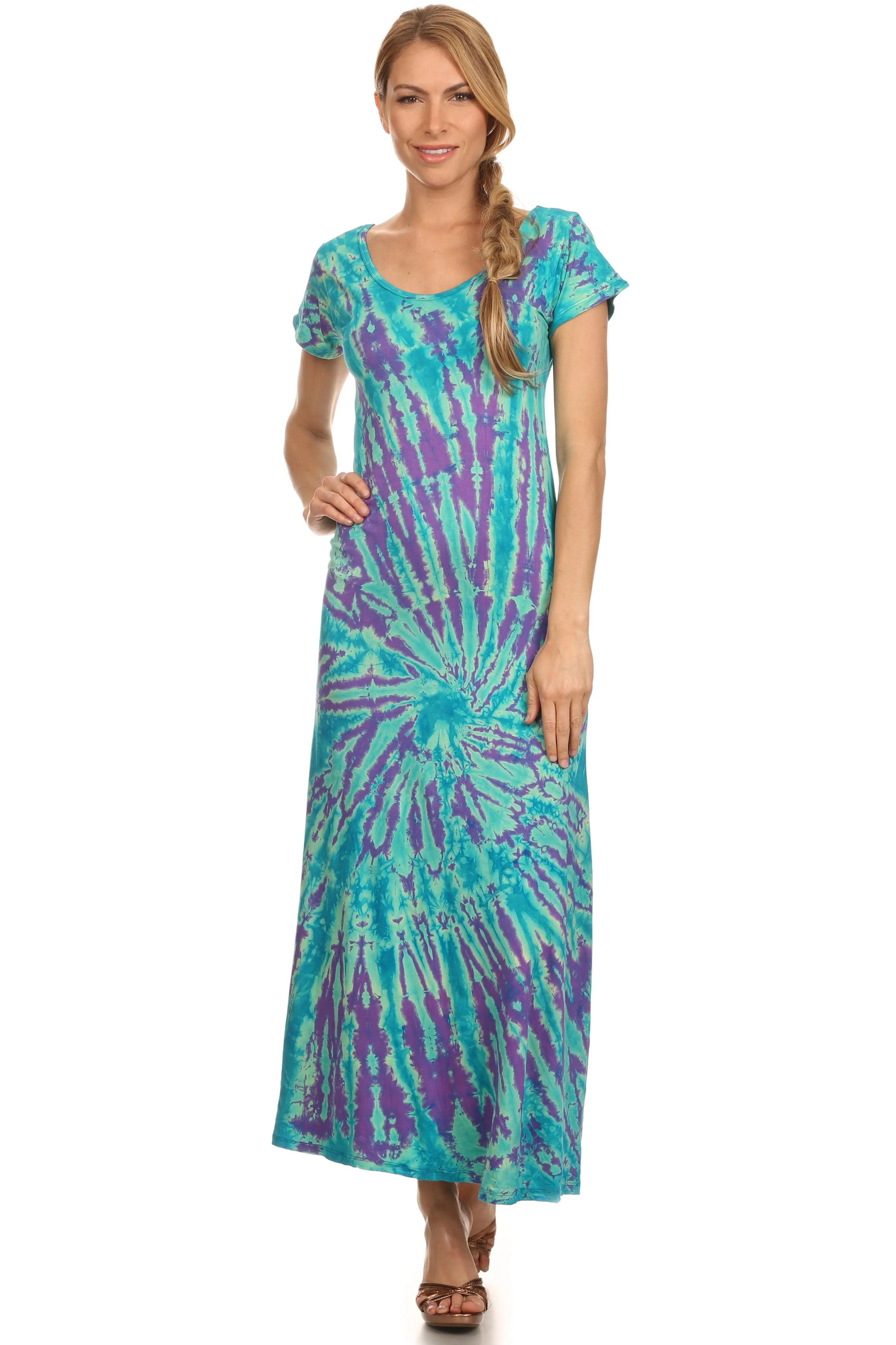 Sakkas Diana Long Tie Dye Scoop Neck Cap Sleeves Dress