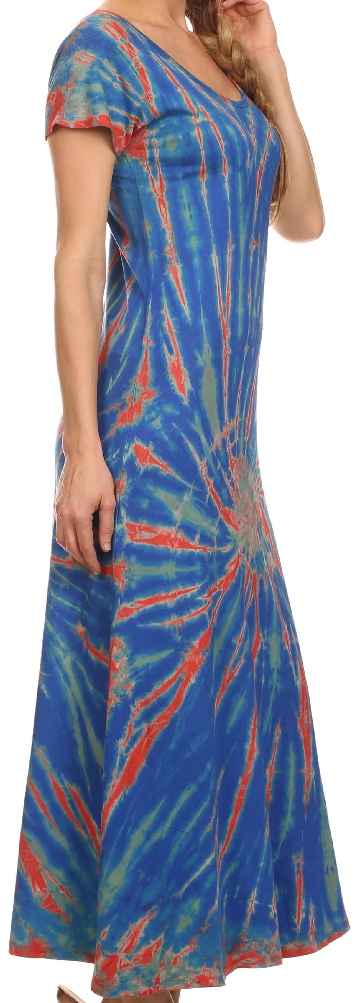 Sakkas Diana Long Tie Dye Scoop Neck Cap Sleeves Dress