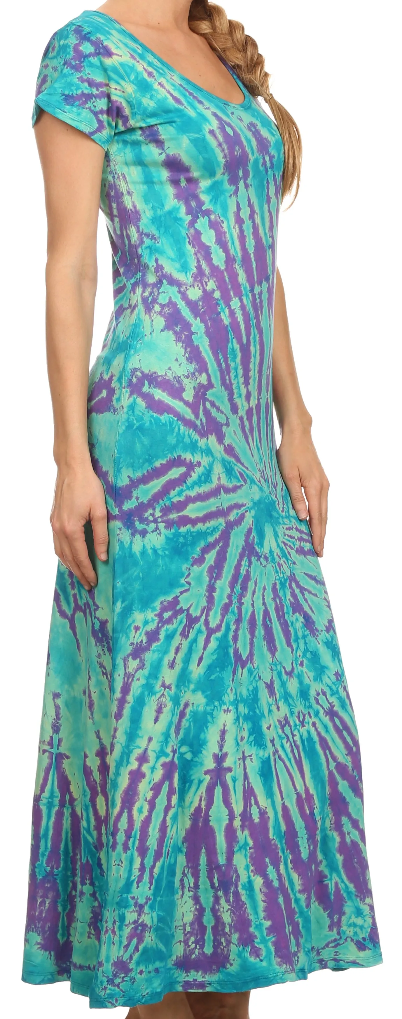 Sakkas Diana Long Tie Dye Scoop Neck Cap Sleeves Dress