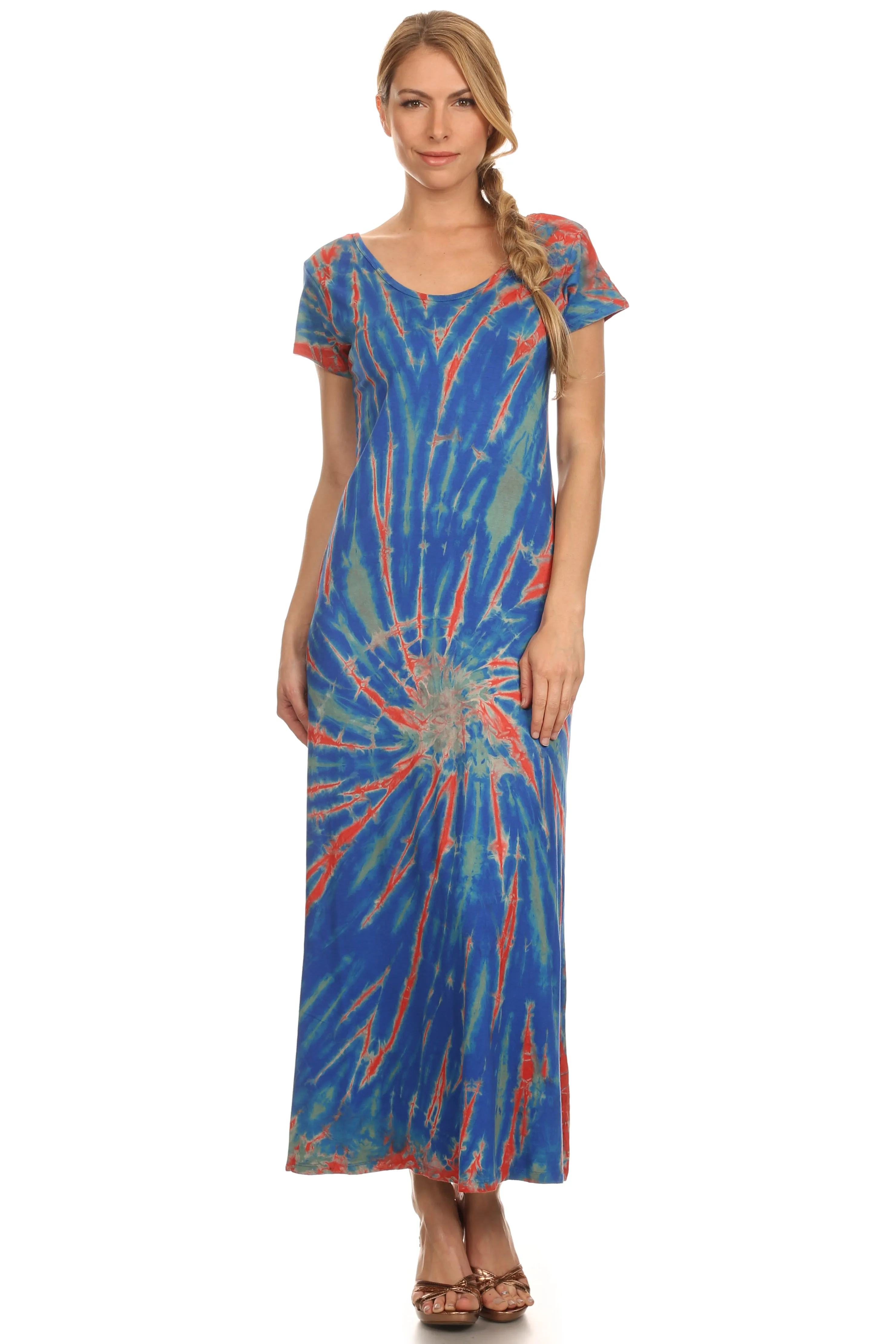 Sakkas Diana Long Tie Dye Scoop Neck Cap Sleeves Dress