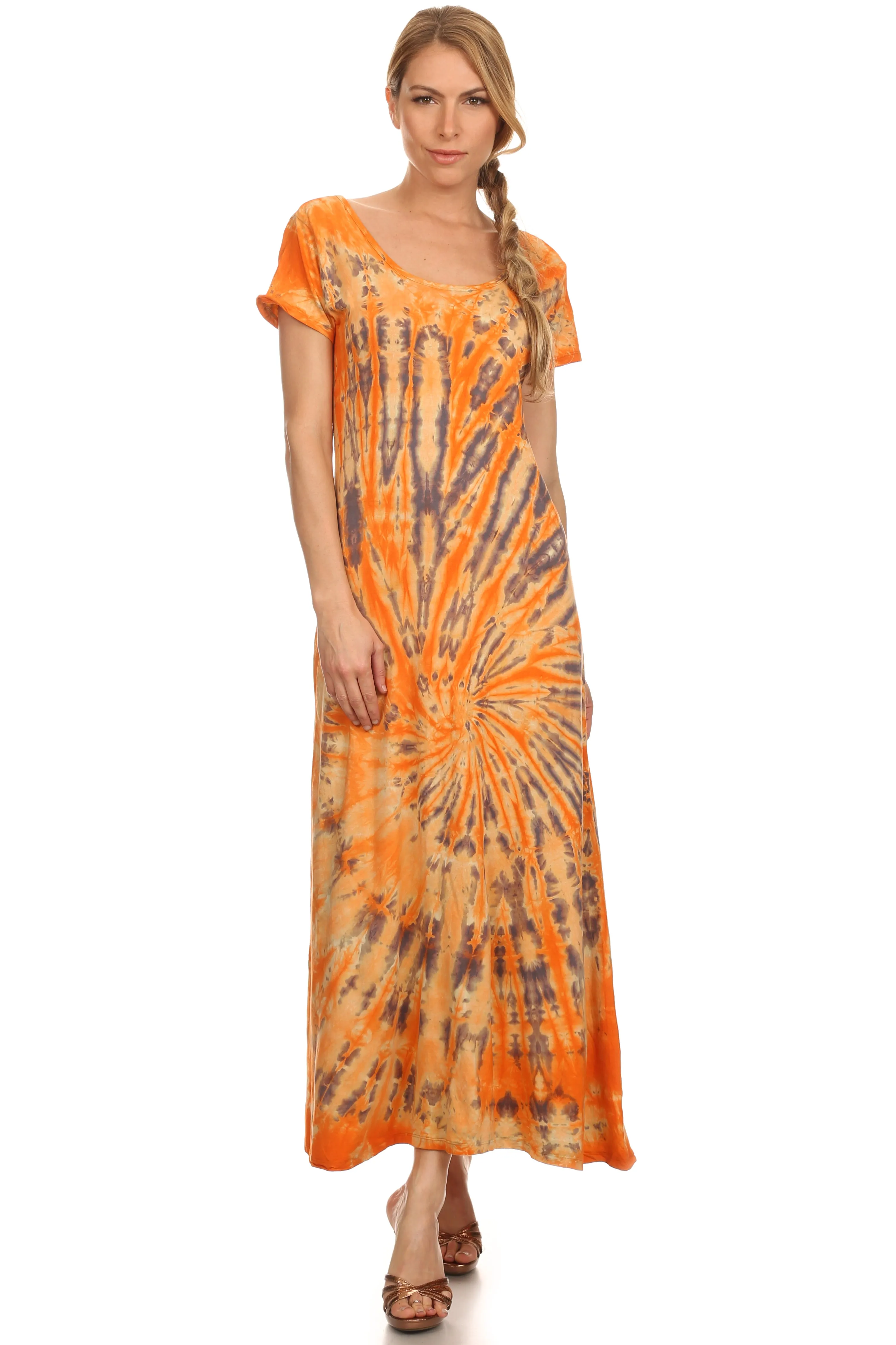 Sakkas Diana Long Tie Dye Scoop Neck Cap Sleeves Dress