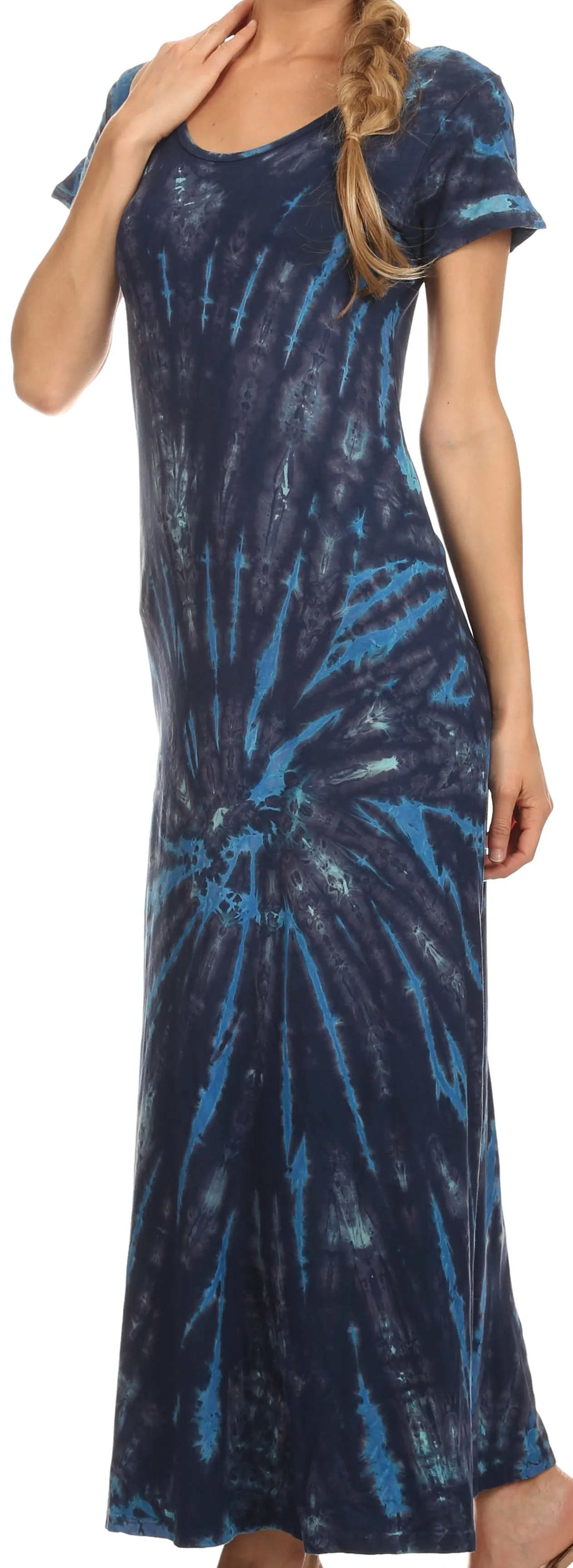 Sakkas Diana Long Tie Dye Scoop Neck Cap Sleeves Dress