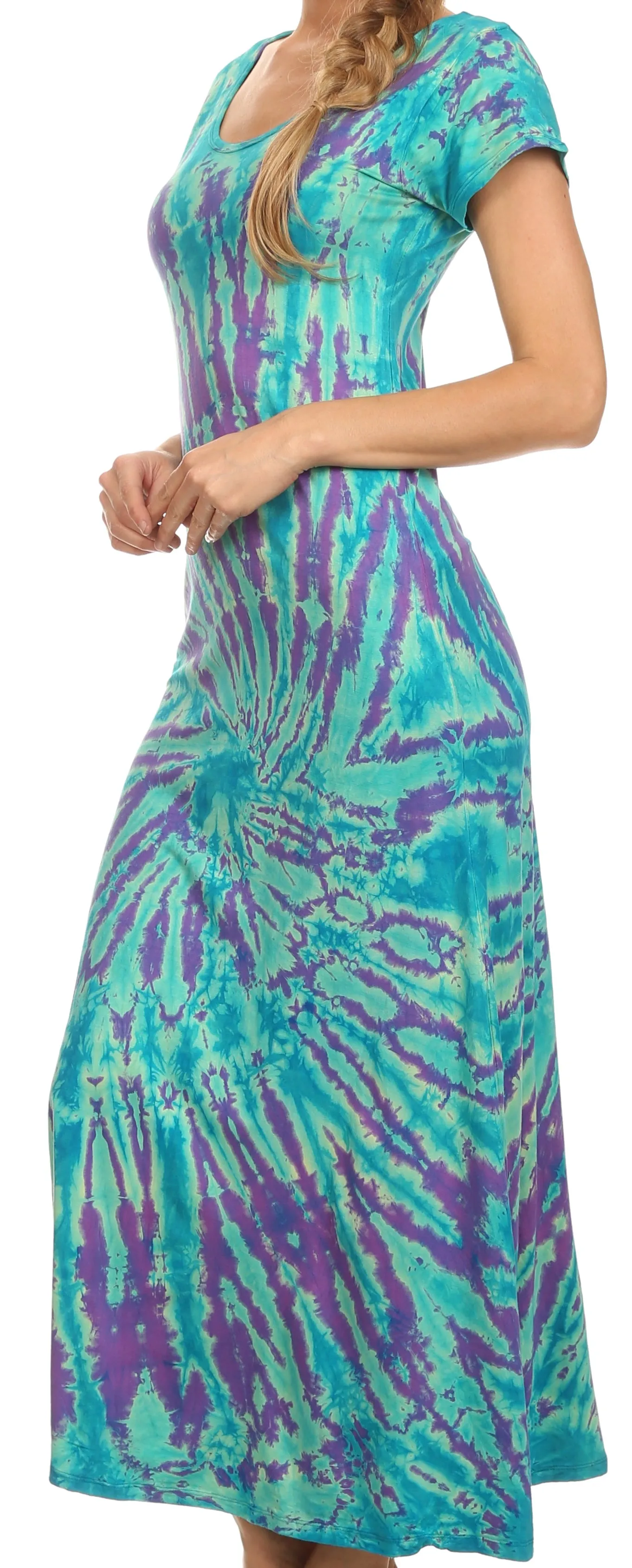 Sakkas Diana Long Tie Dye Scoop Neck Cap Sleeves Dress