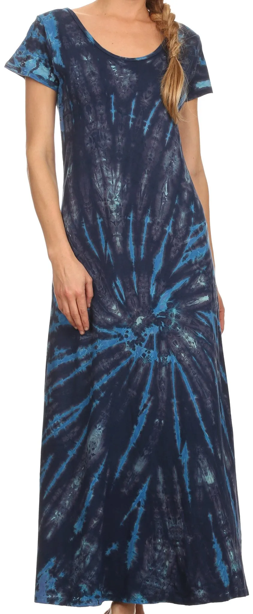 Sakkas Diana Long Tie Dye Scoop Neck Cap Sleeves Dress