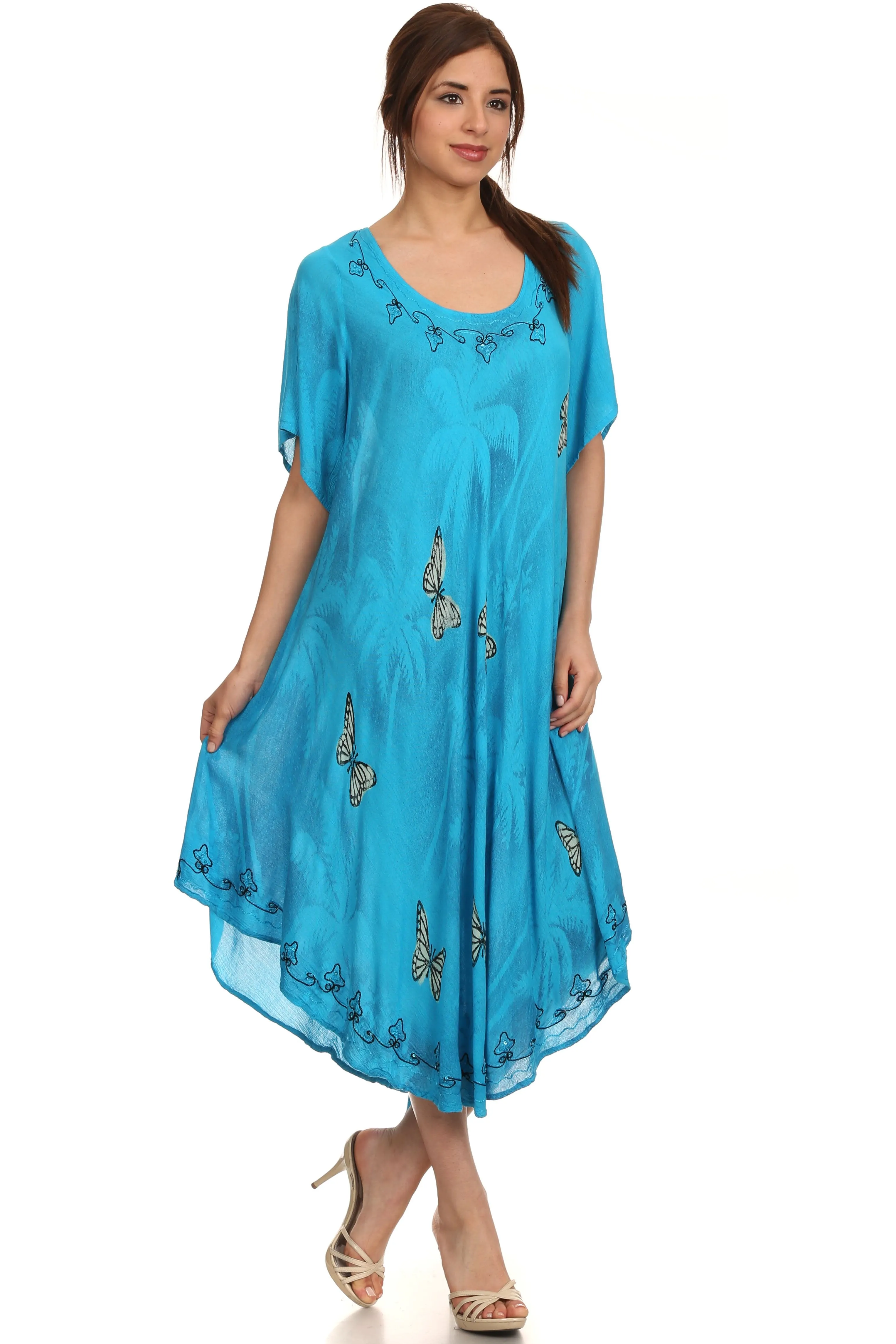 Sakkas Jana Butterfly Sequin Emroidered Cap Sleeves Caftan Dress / Cover Up