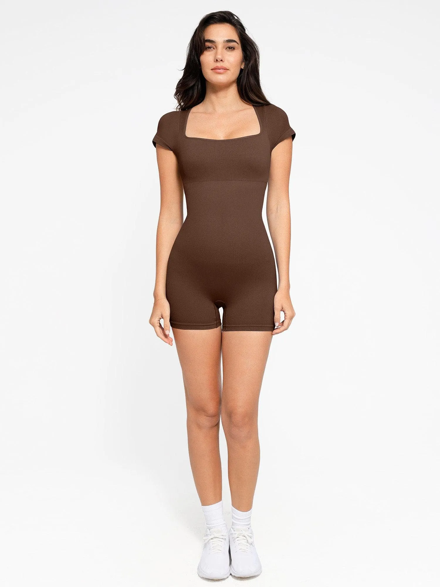 Shapewear Seamless Rib Square Neck Cap Sleeve Romper