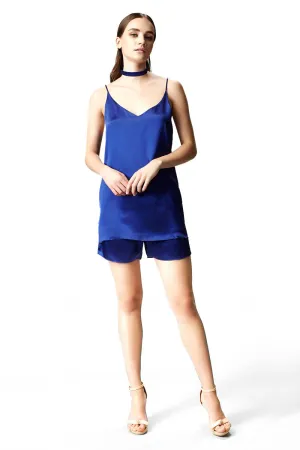 Silk Satin Camisole & Elastic Band Shorts in Royal Blue