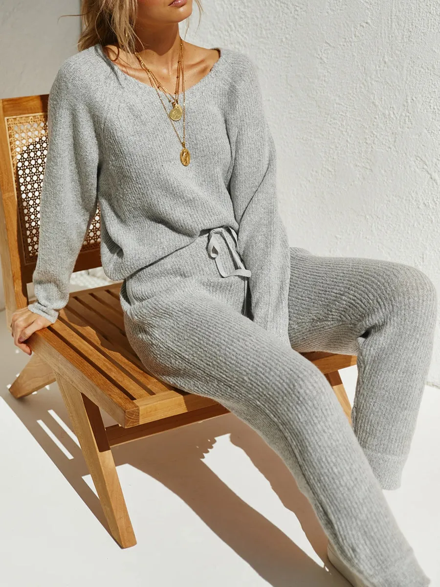 Simple Casual Loose Loungewear Top Pants Knitted Suit