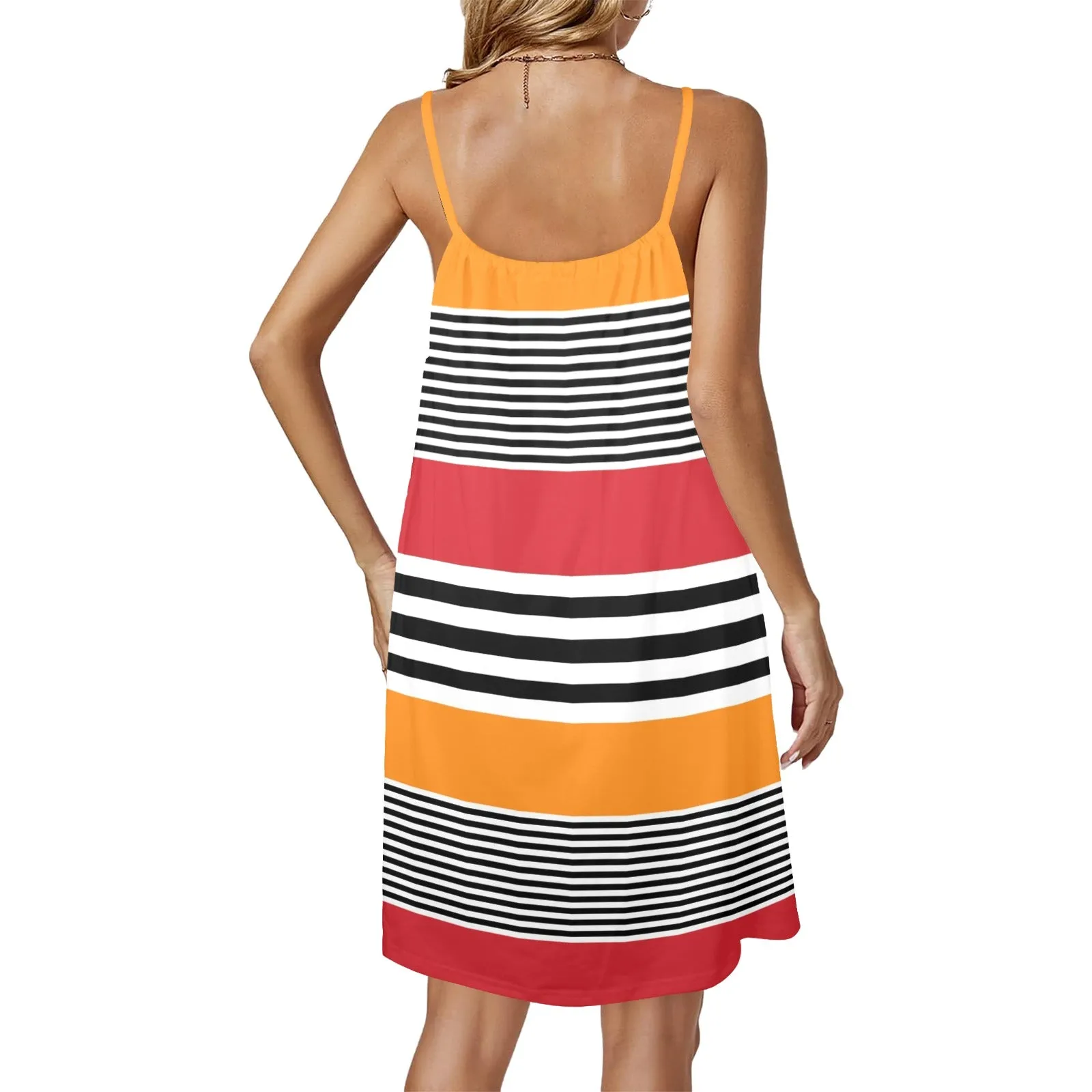 Solar Ray Striped Drawstring Neck Sleeveless Dress