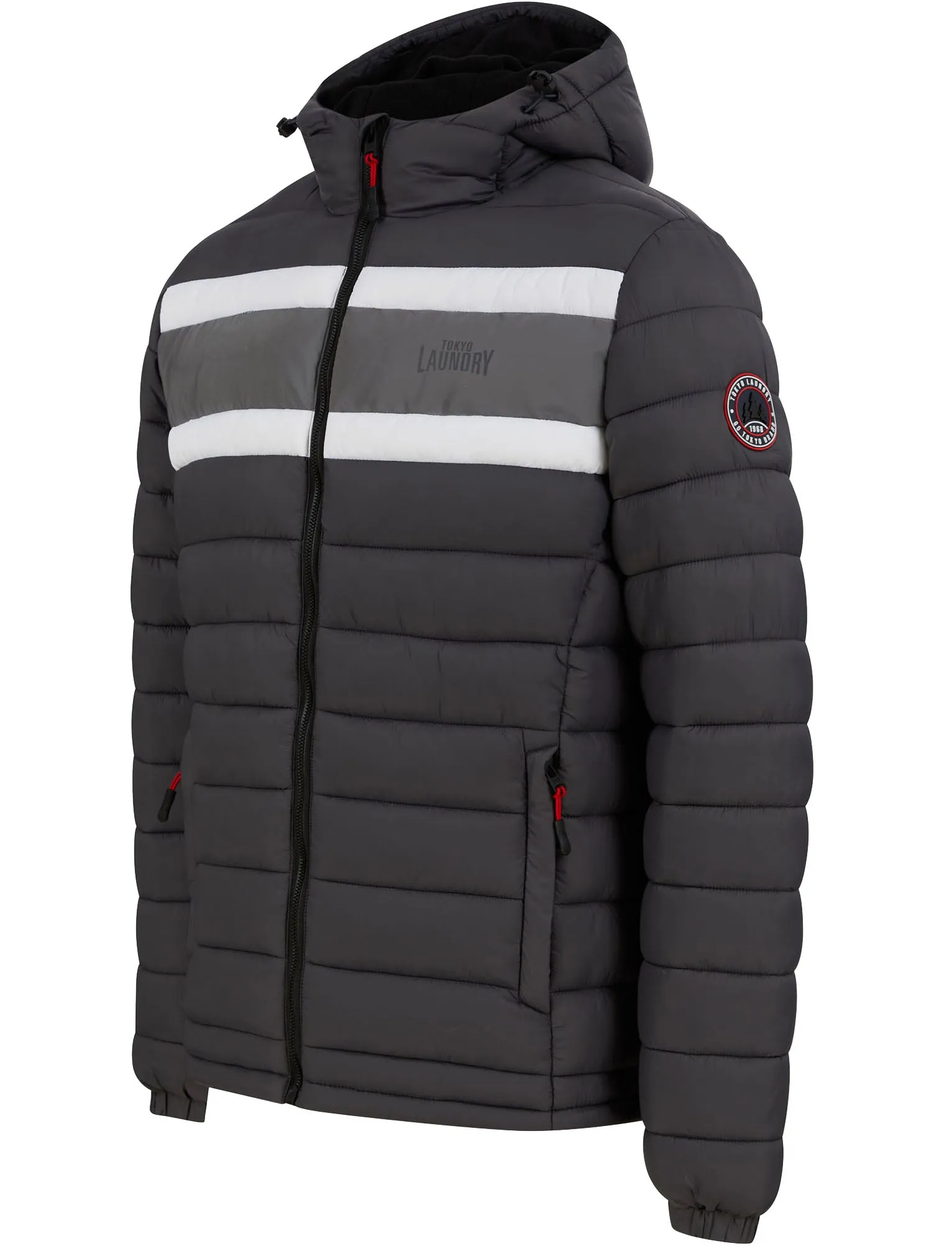 Talasi Colour Block Quilted Puffer Jacket with Fleece Lined Hood in Asphalt Grey - Tokyo Laundry Active Tech