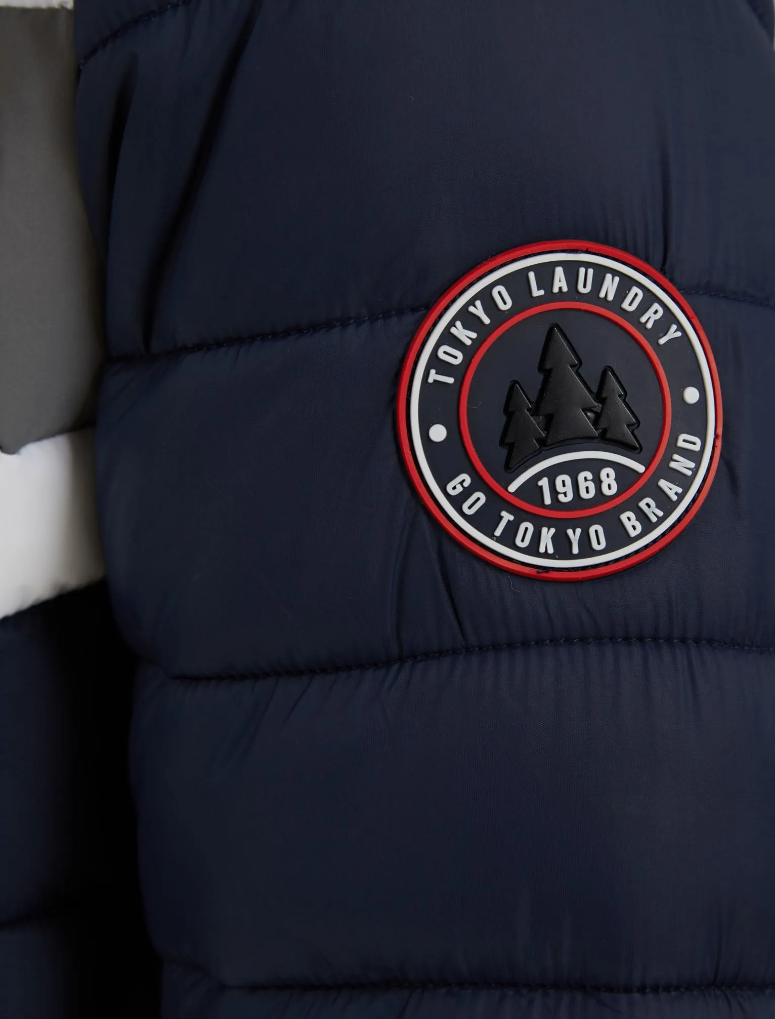 Talasi Colour Block Quilted Puffer Jacket with Fleece Lined Hood in Sky Captain Navy - Tokyo Laundry Active Tech