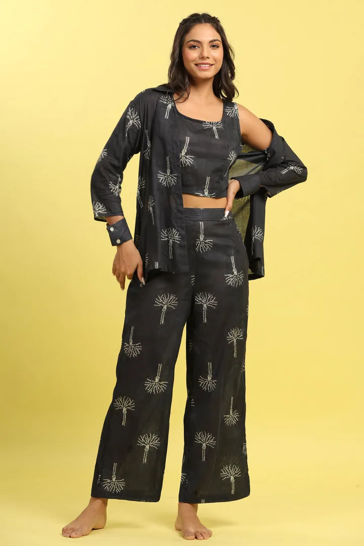 Upside Down Palmon Black Cotton Three Piece Set