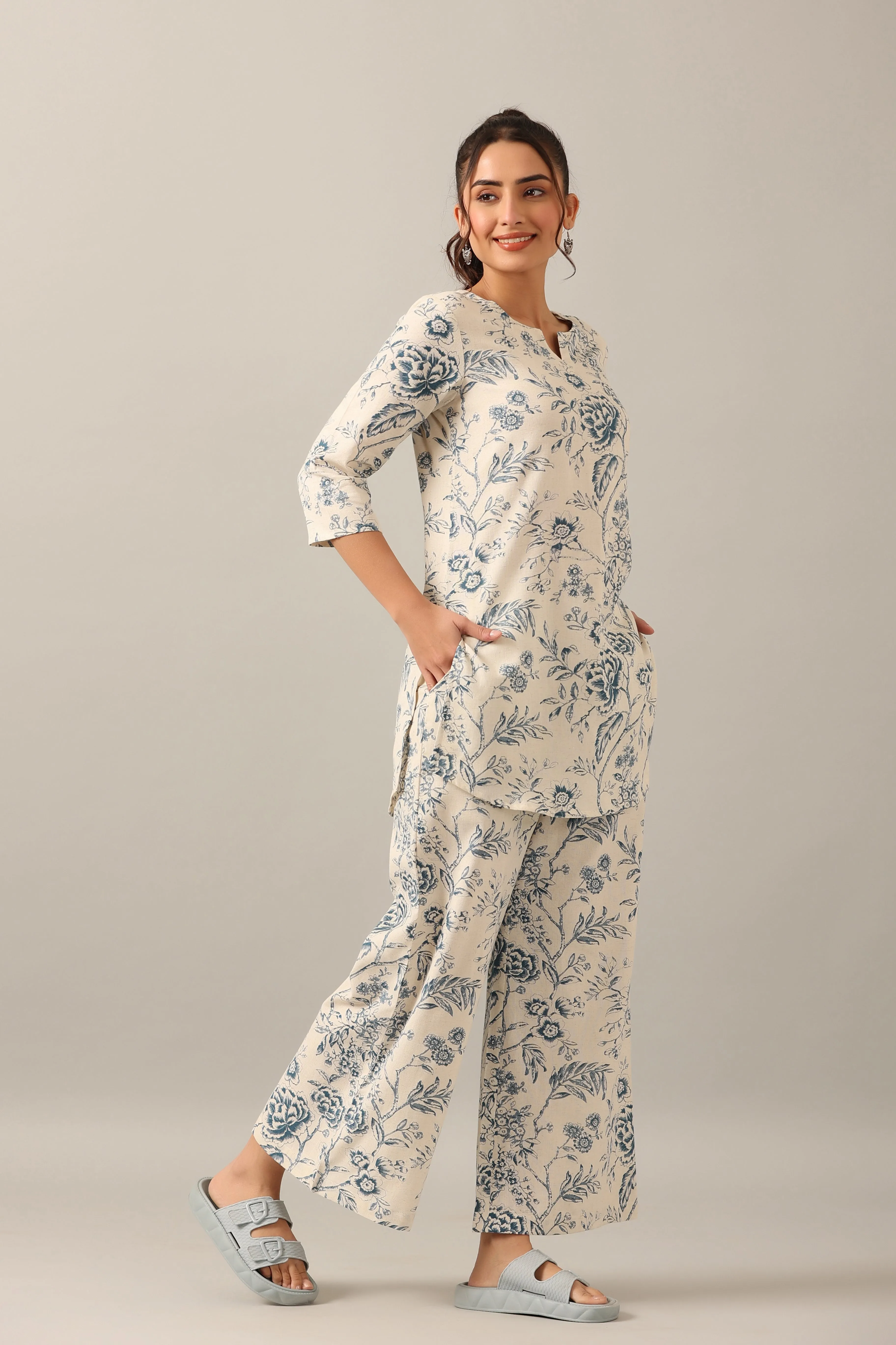 White Roses on Cotton Flex Palazzo Loungewear Set