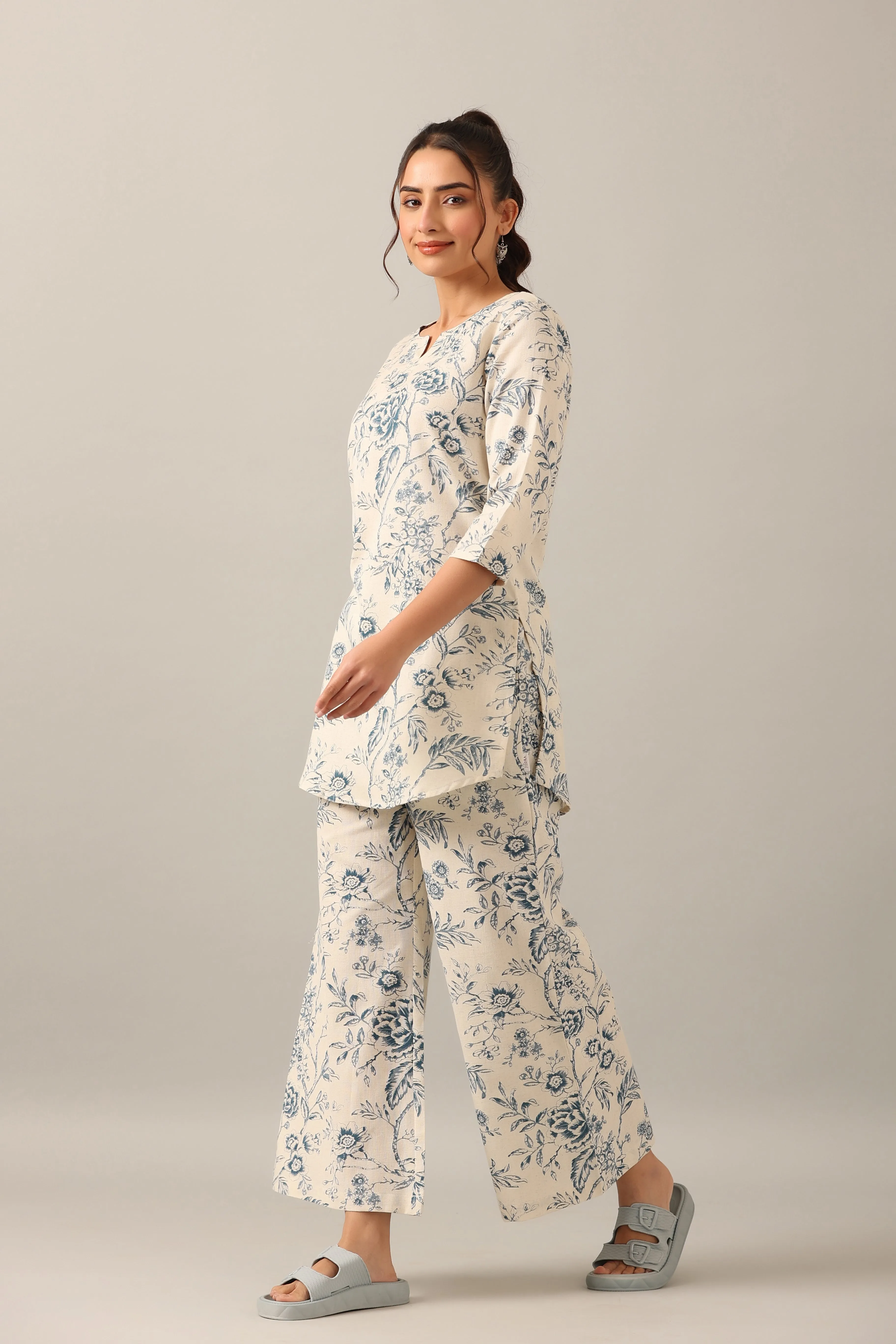 White Roses on Cotton Flex Palazzo Loungewear Set