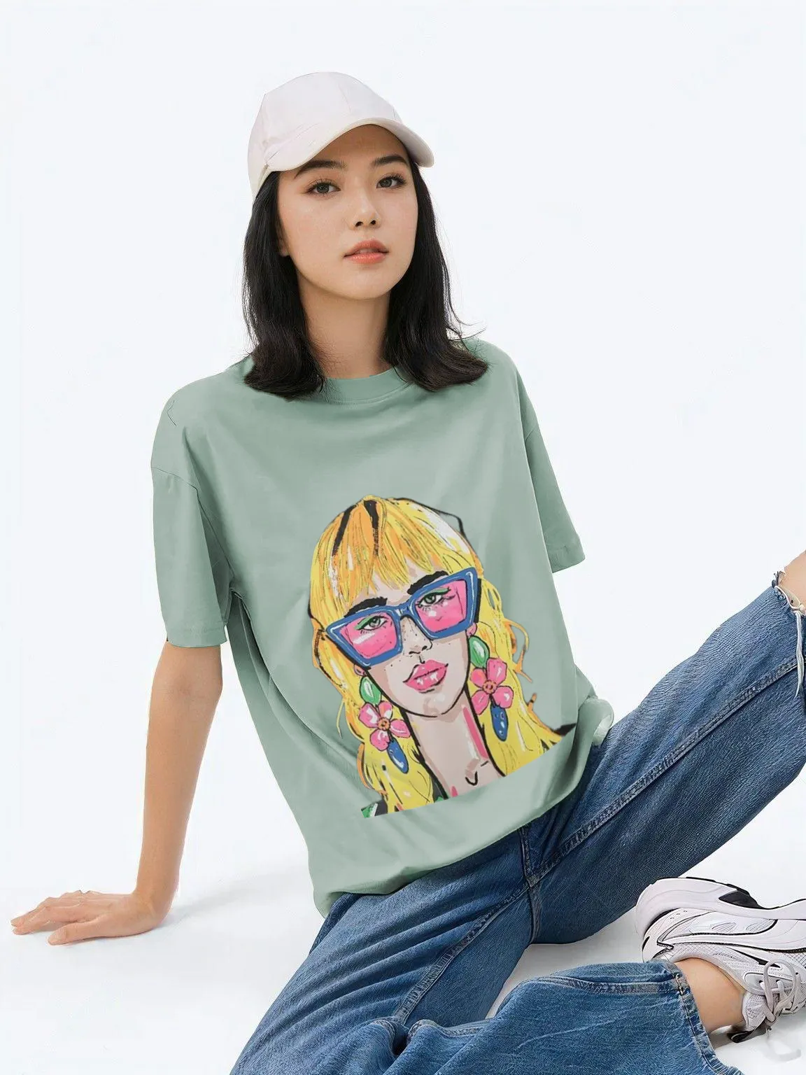 Women Oversized Skeptic Green T-shirt - Face