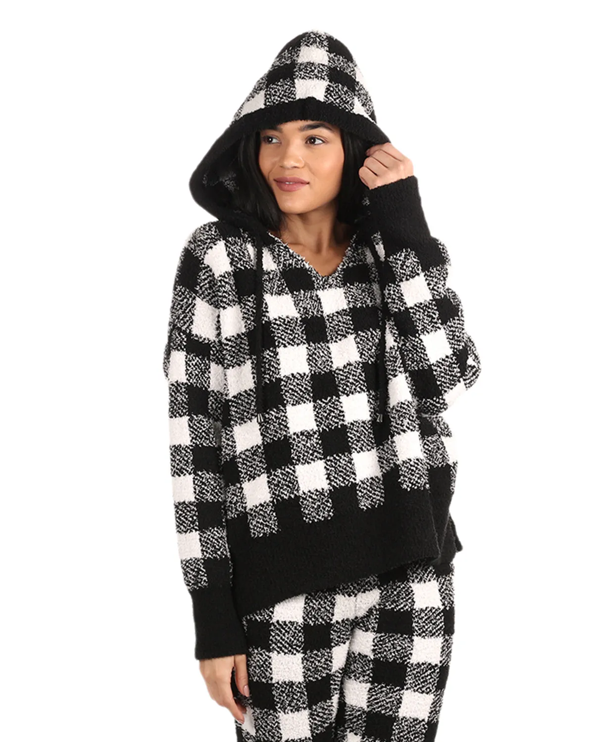 Women's Buffalo Check Cozy Knit Drawstring Hoodie