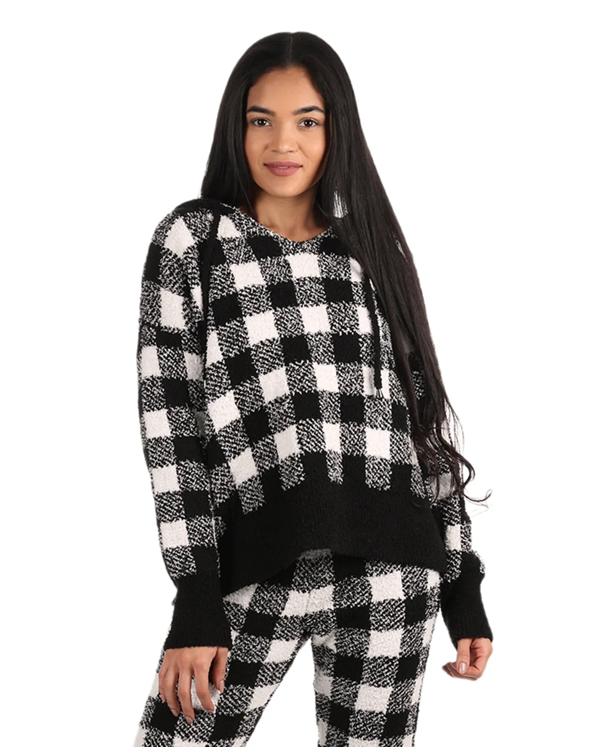 Women's Buffalo Check Cozy Knit Drawstring Hoodie