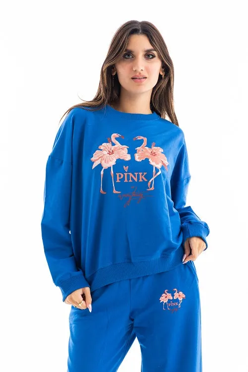 Women's Floral Printed Sweatshirt and Pants Loungewear Set - Blue