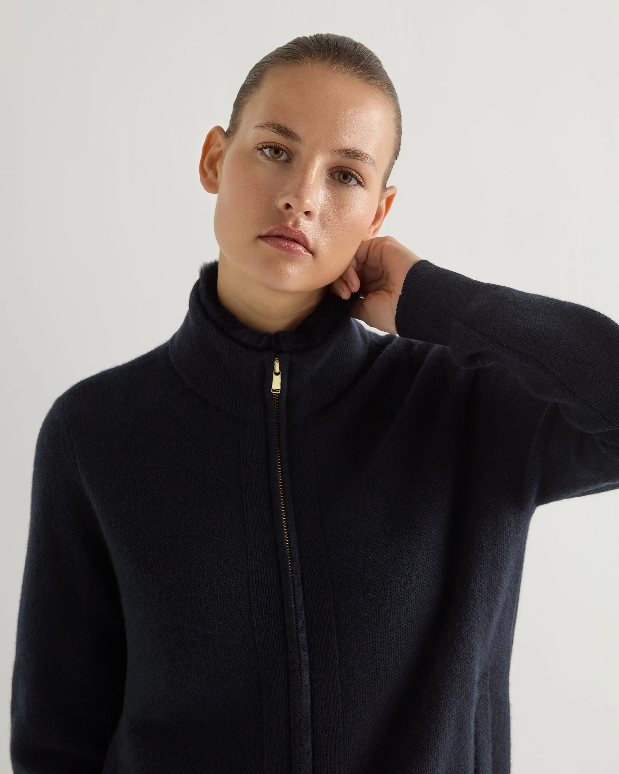 Women's Honeycomb Full Zip Cashmere Jumper With Fur Trim Navy Blue