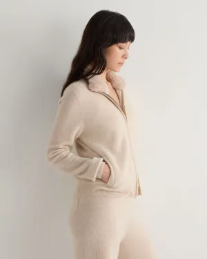 Women's Honeycomb Full Zip Cashmere Sweater With Fur Trim Ecru White