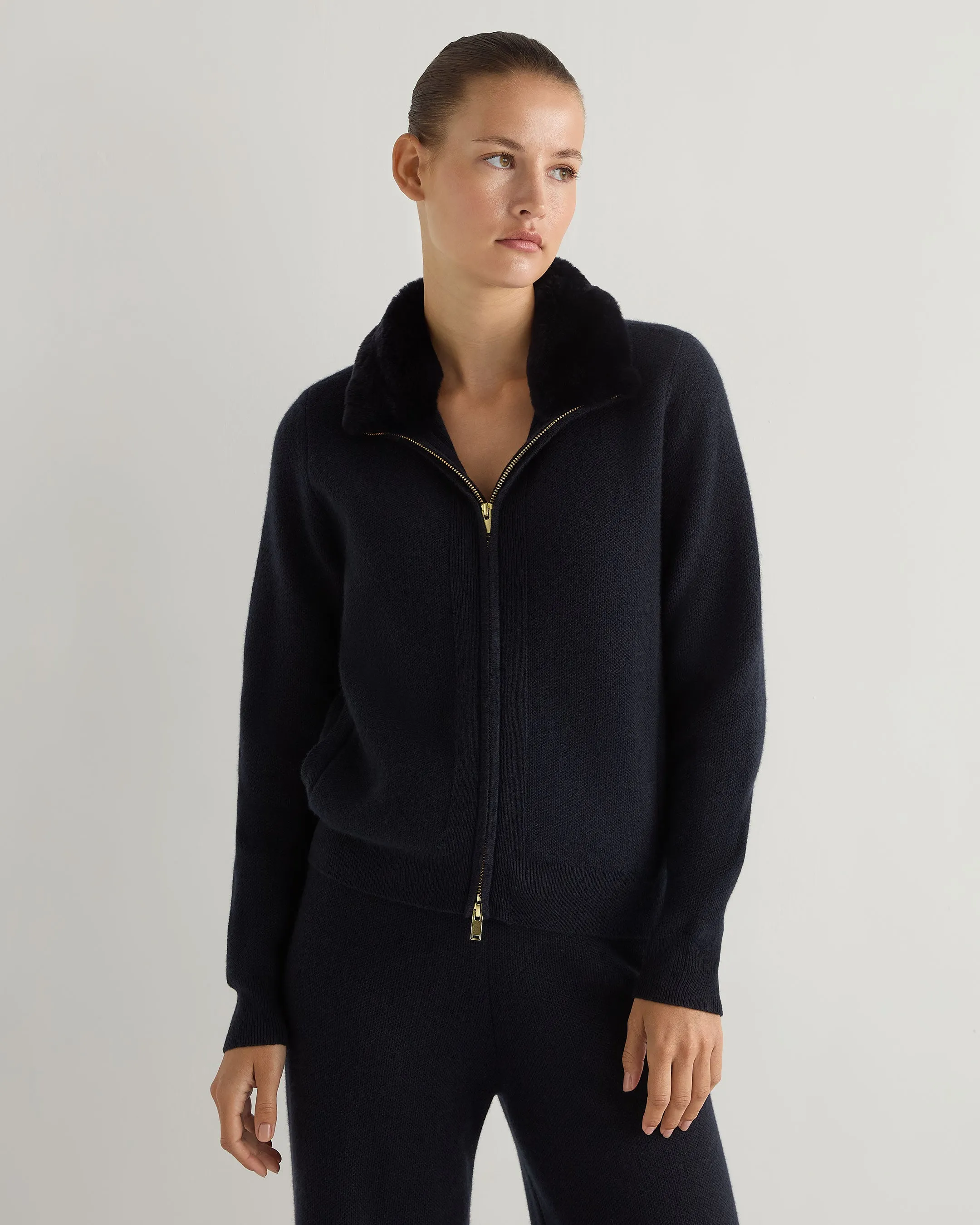 Women's Honeycomb Full Zip Cashmere Sweater With Fur Trim Navy Blue