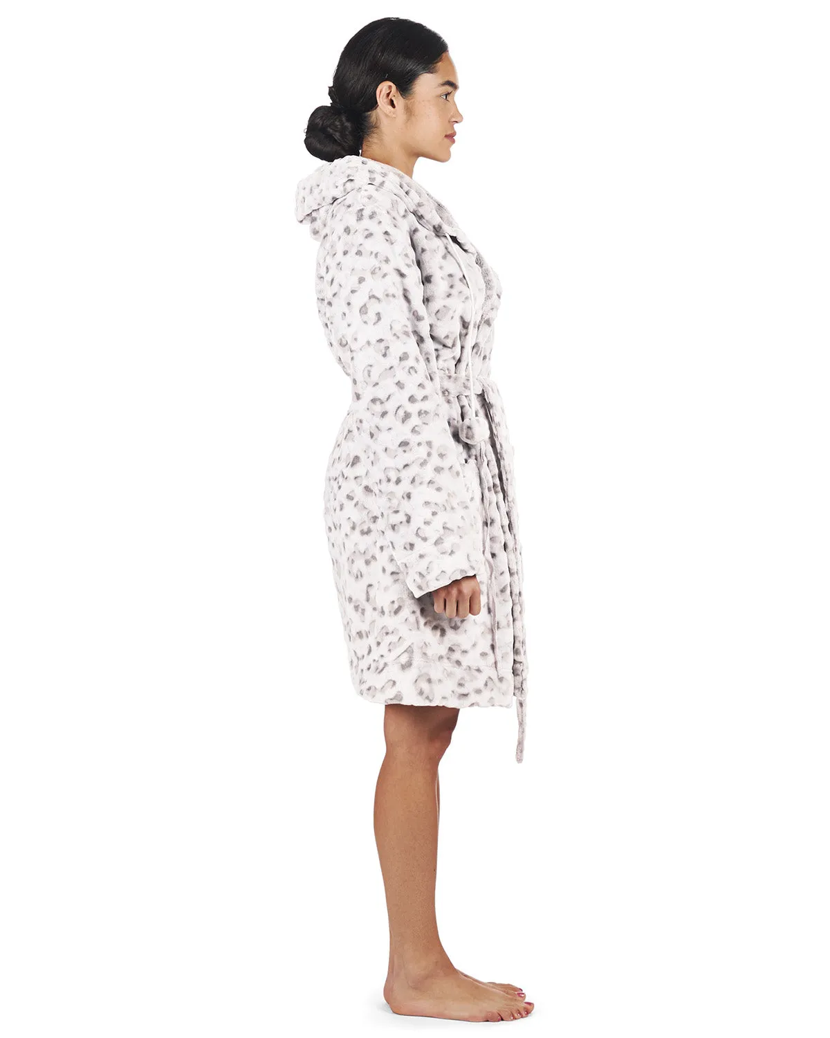 Women's Leopard Print Plush Robe with Pom-Pom Drawstrings