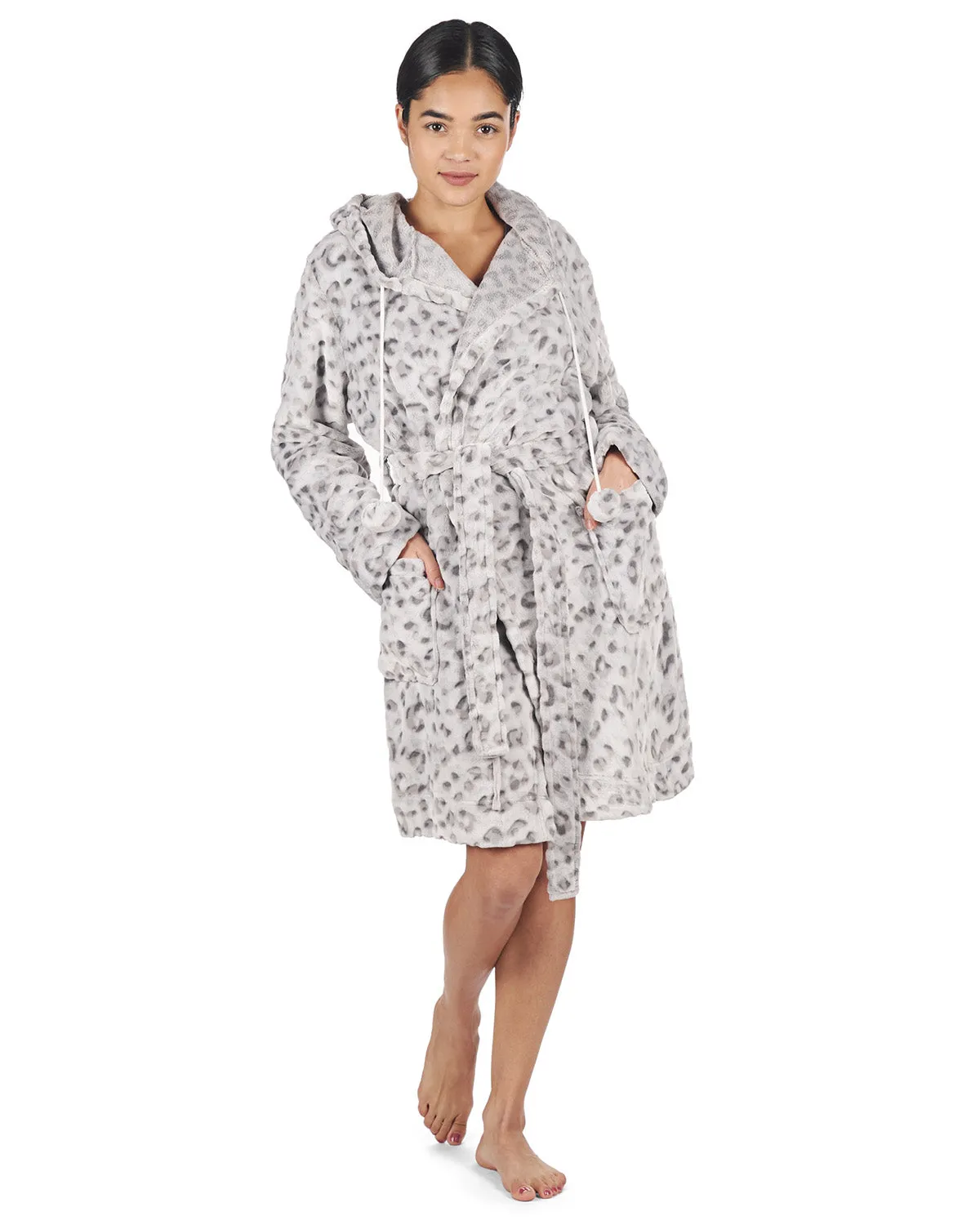 Women's Leopard Print Plush Robe with Pom-Pom Drawstrings