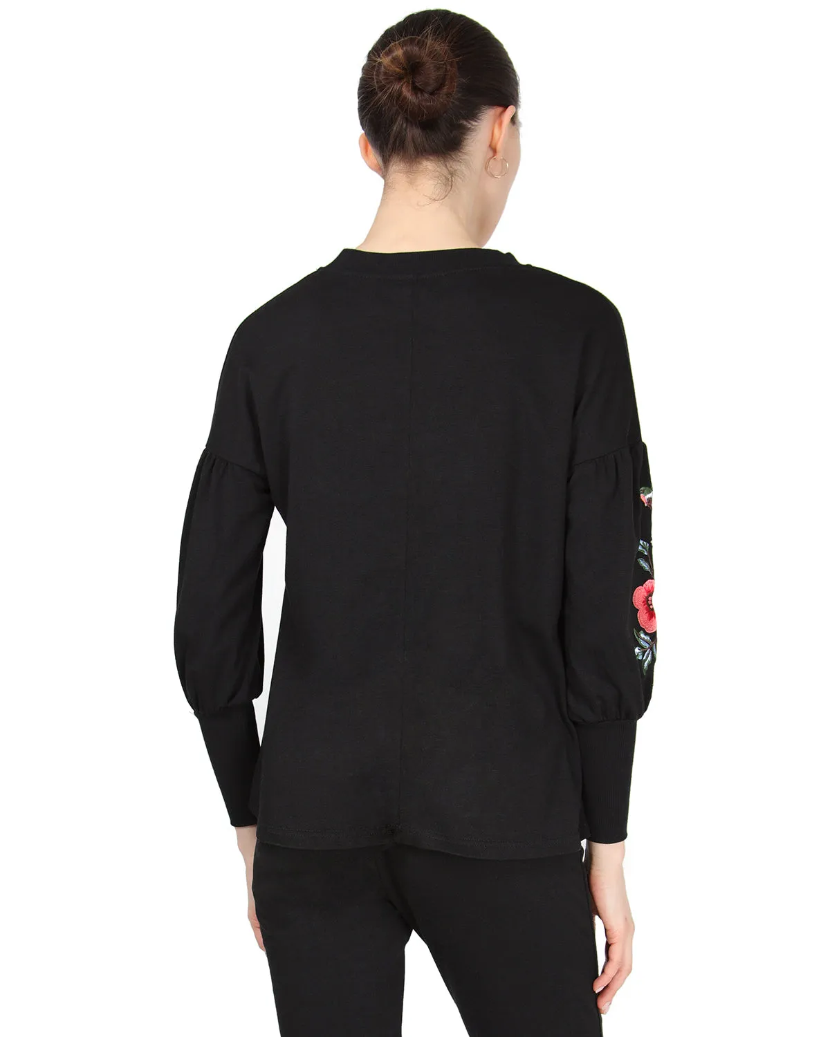 Women's Oversized Dropped Sleeve Top with Ribbed Cuff and Embroidery