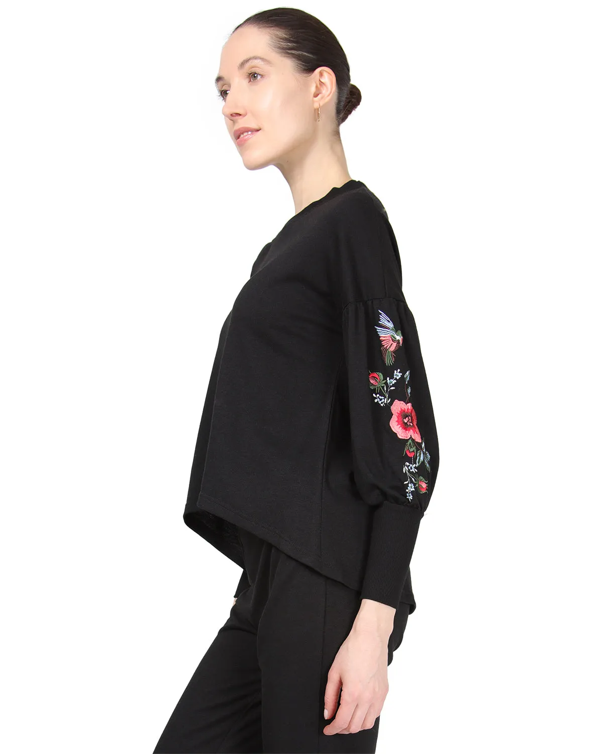 Women's Oversized Dropped Sleeve Top with Ribbed Cuff and Embroidery