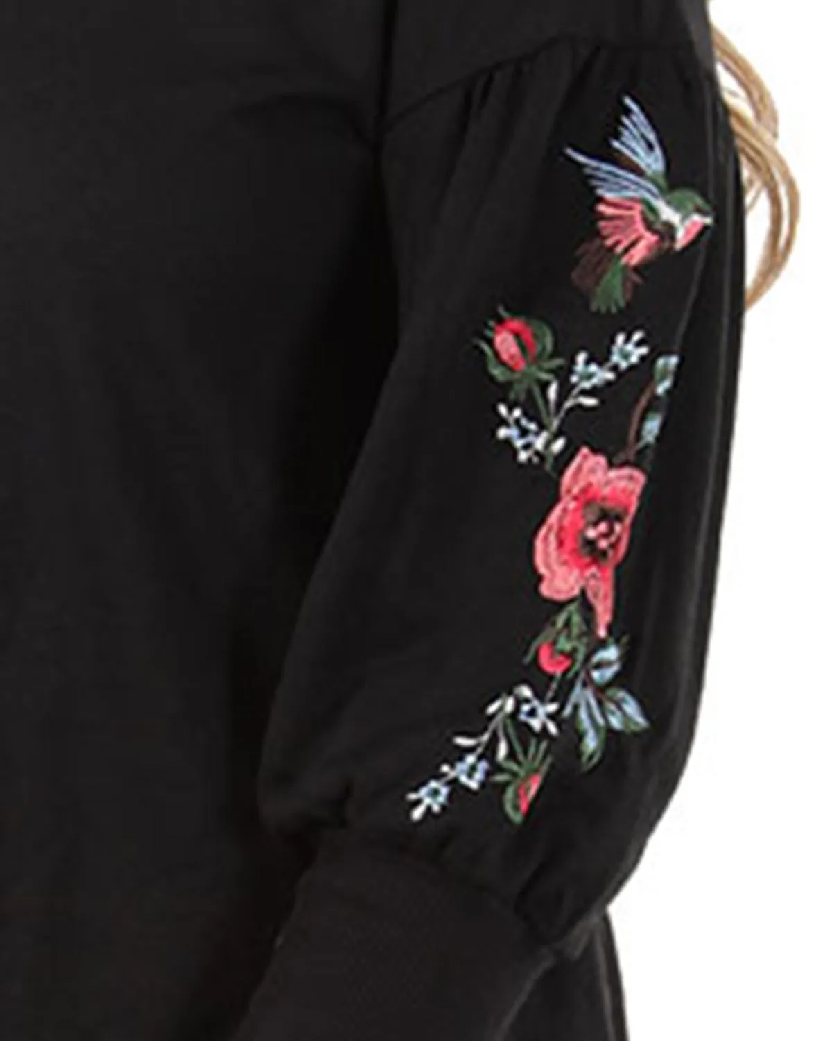 Women's Oversized Dropped Sleeve Top with Ribbed Cuff and Embroidery