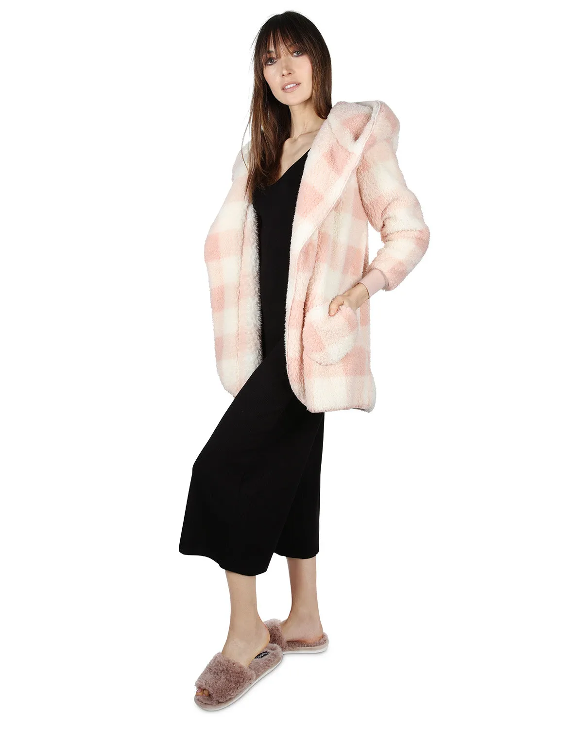 Women's Plaid Plush Hooded Cardigan