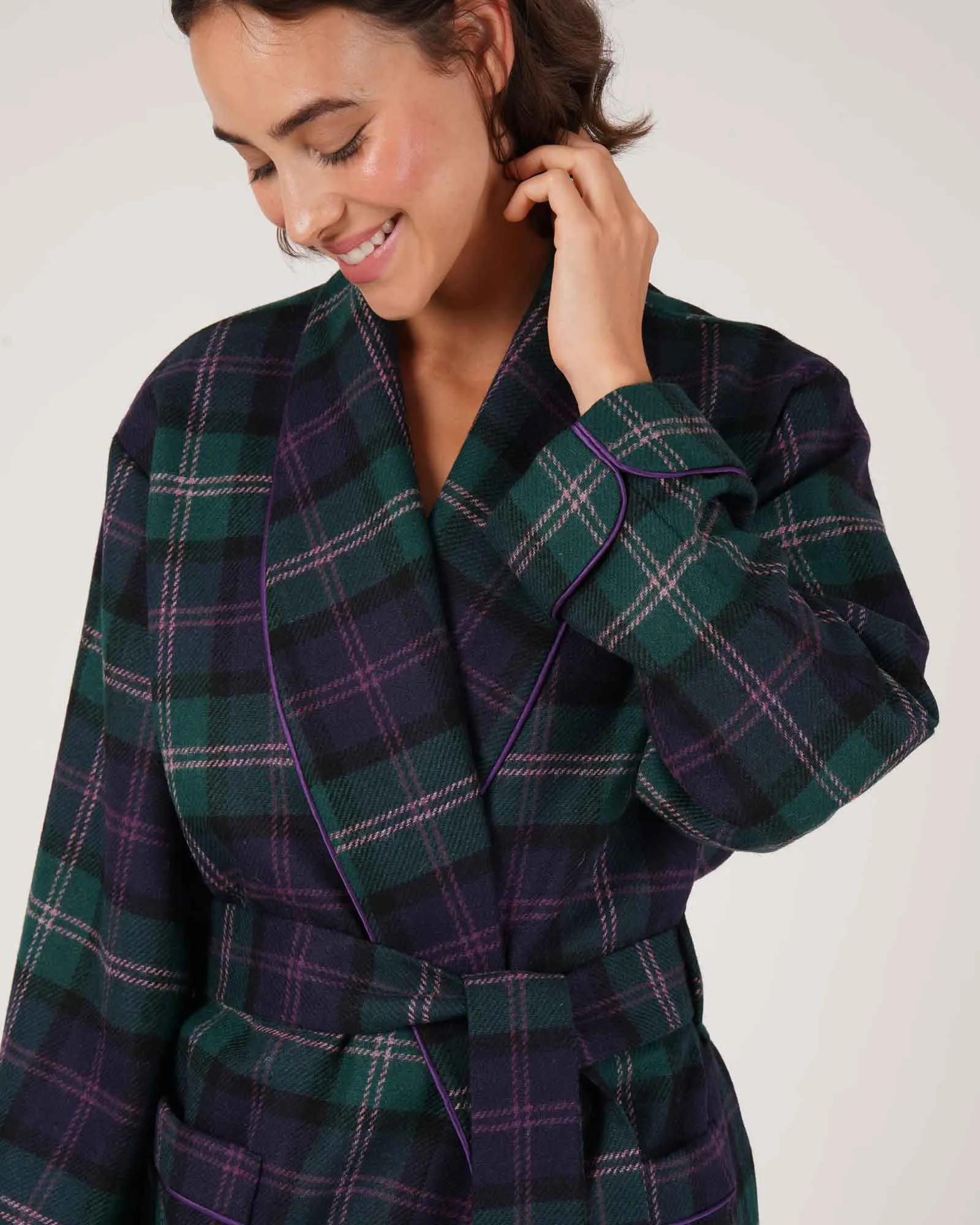 Women's Silk-Lined Wool Robe - Thistle Tartan