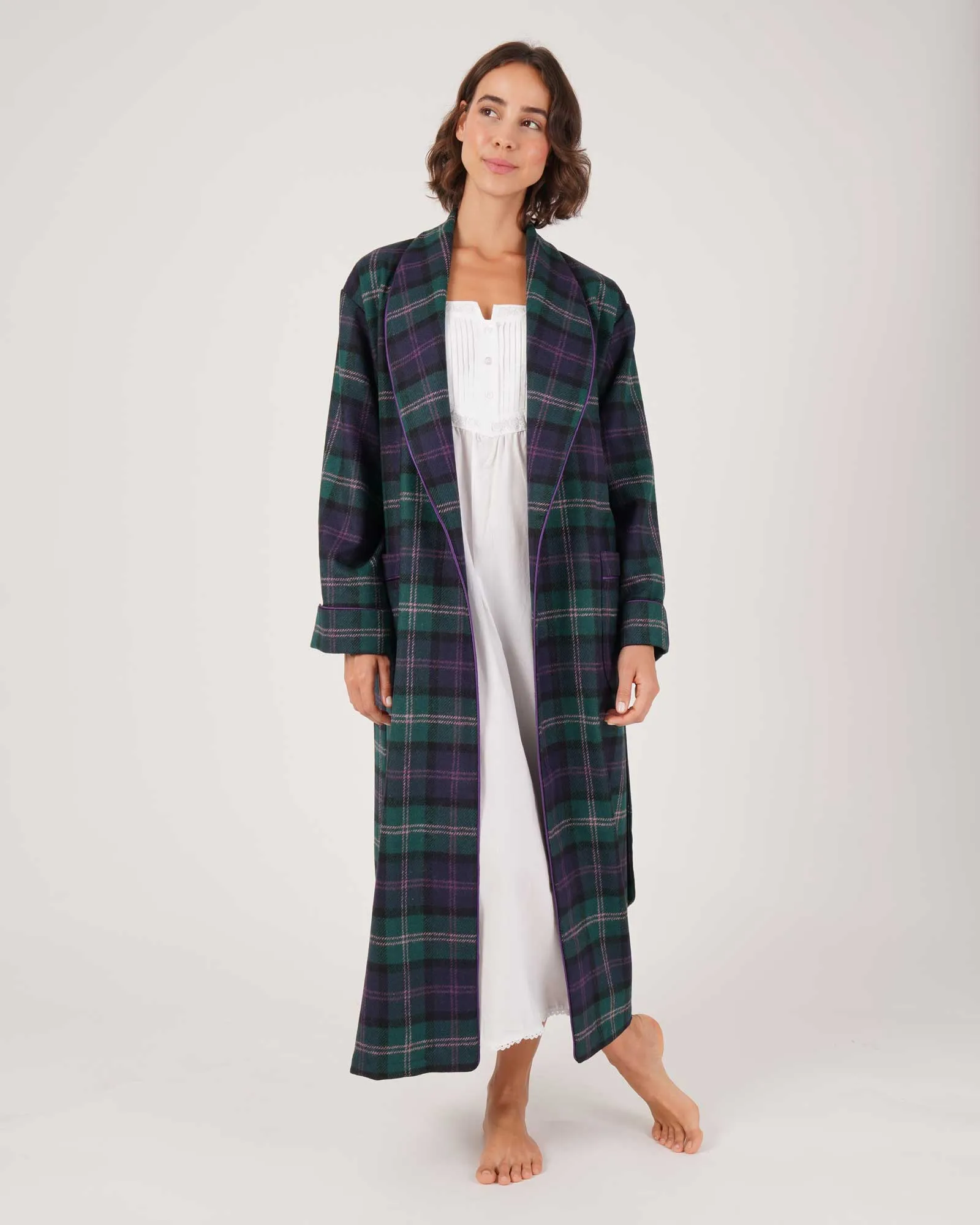 Women's Silk-Lined Wool Robe - Thistle Tartan