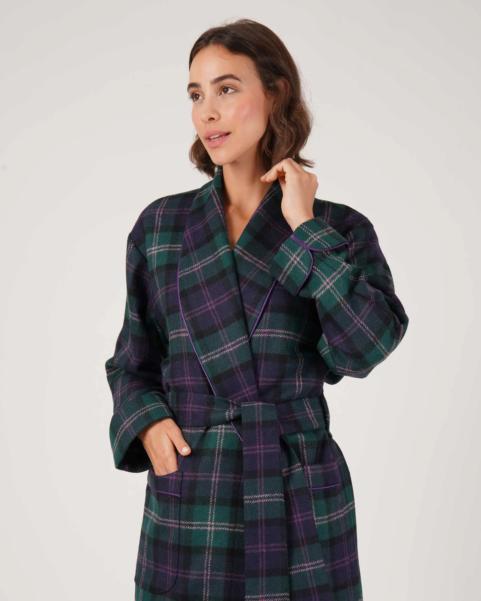 Women's Silk-Lined Wool Robe - Thistle Tartan